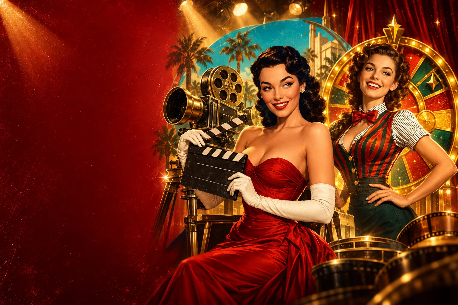 Filmdiva im roten Kleid neben einer klassischen Filmkamera und einer Show-Moderatorin